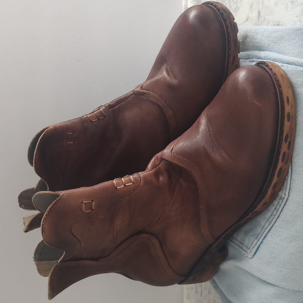Socofy Brand Brown Leather Ankle Boots Zip Heel Motoboho Fairy Grunge Aesthetic